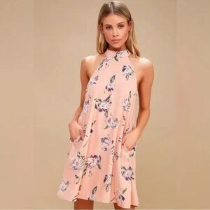 Lulus Merci Bouquet Blush Floral Print Mock Neck Swing Dress in X-Small